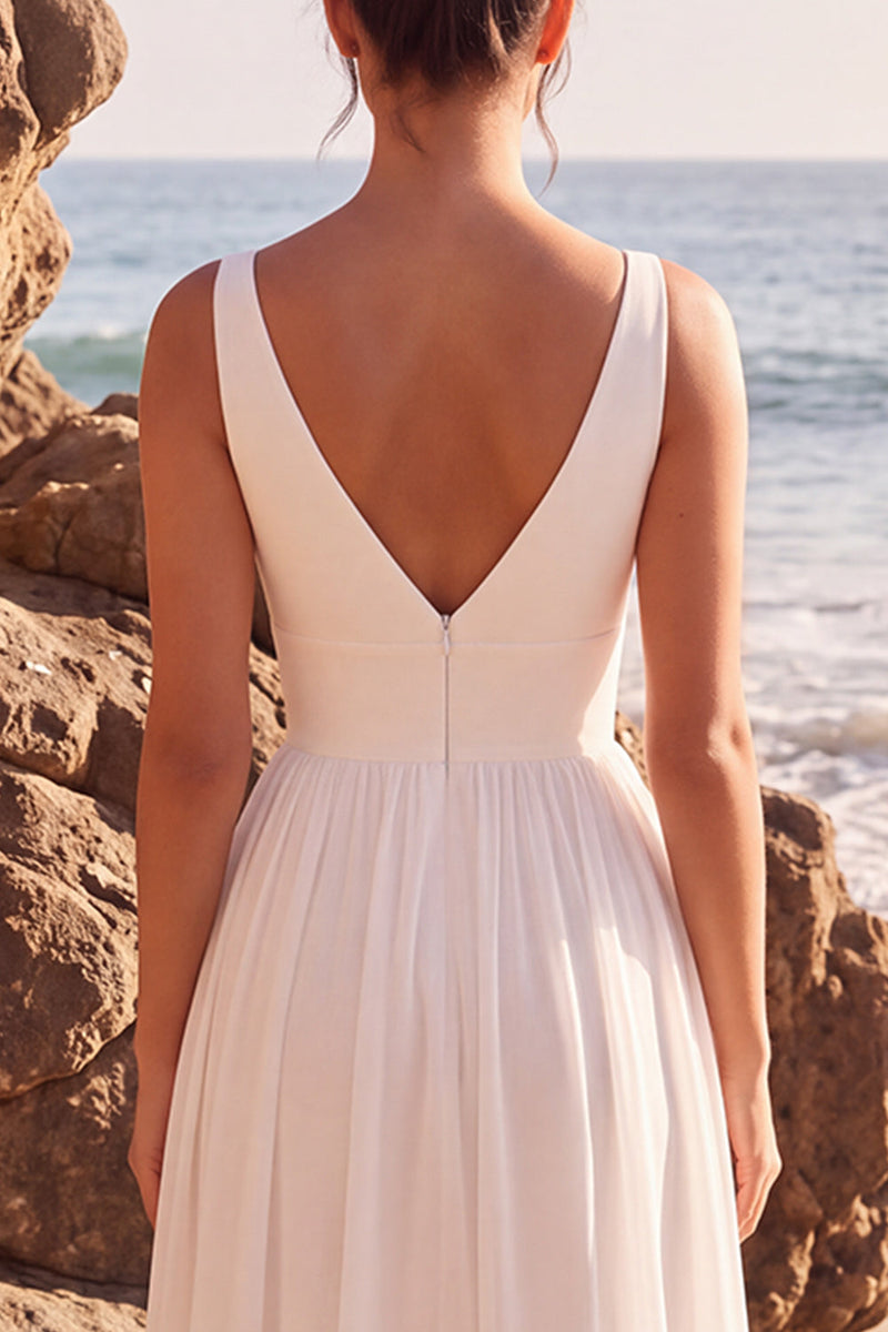 Load image into Gallery viewer, White V-Neck A Line Chiffon Long Beach Wedding Dress with Slit