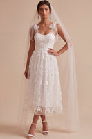 Load image into Gallery viewer, White Floral A-Line Lace Midi Boho Wedding Dress with Bows