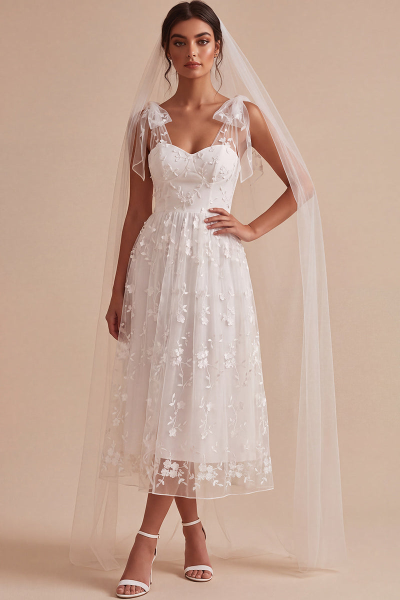Load image into Gallery viewer, White Floral A-Line Lace Midi Boho Wedding Dress with Bows
