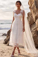 Load image into Gallery viewer, White Floral A-Line Lace Midi Boho Wedding Dress with Bows