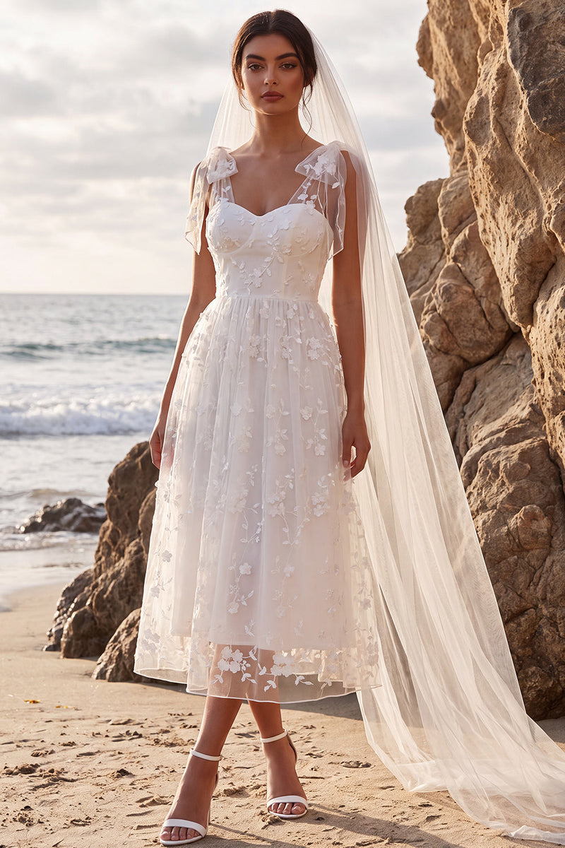 Load image into Gallery viewer, White Floral A-Line Lace Midi Boho Wedding Dress with Bows