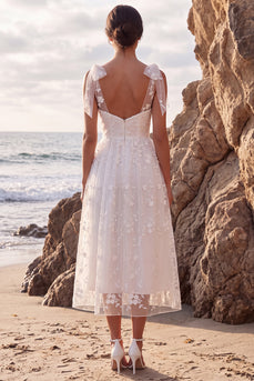 White Floral A-Line Lace Midi Boho Wedding Dress with Bows