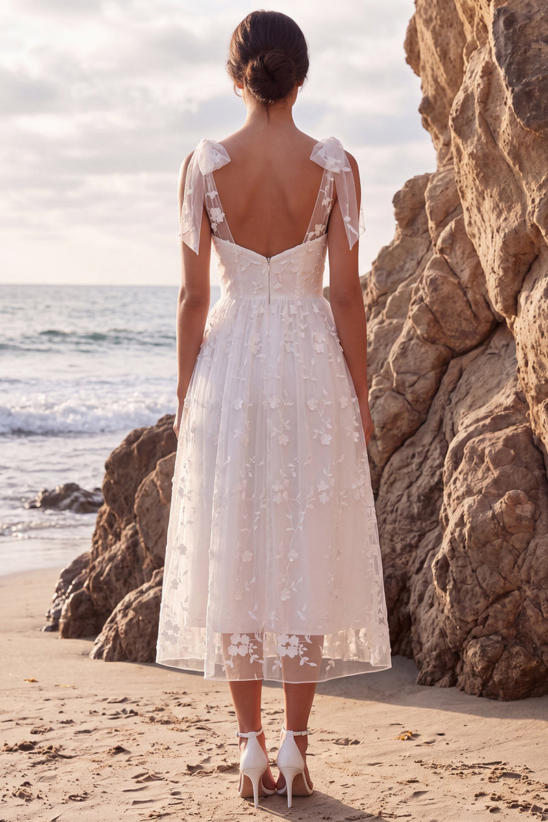 Load image into Gallery viewer, White Floral A-Line Lace Midi Boho Wedding Dress with Bows