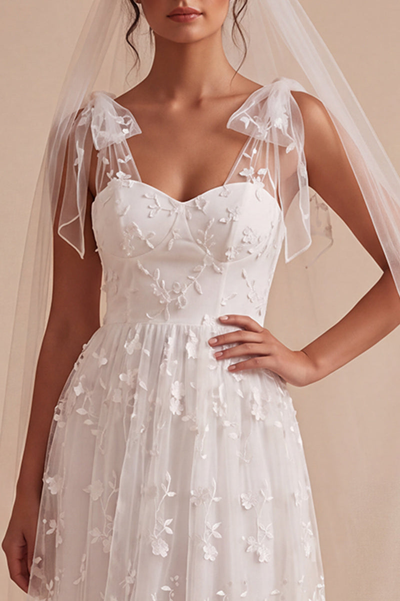 Load image into Gallery viewer, White Floral A-Line Lace Midi Boho Wedding Dress with Bows