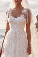 Load image into Gallery viewer, White Floral A-Line Lace Midi Boho Wedding Dress with Bows