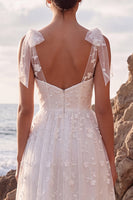 Load image into Gallery viewer, White Floral A-Line Lace Midi Boho Wedding Dress with Bows
