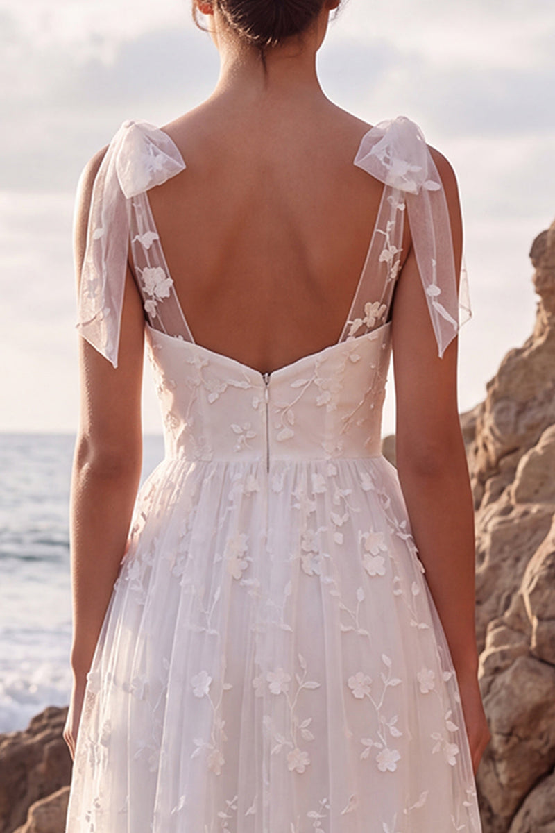 Load image into Gallery viewer, White Floral A-Line Lace Midi Boho Wedding Dress with Bows