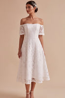 Load image into Gallery viewer, White A Line Off the Shoulder Lace Midi Boho Wedding Dress