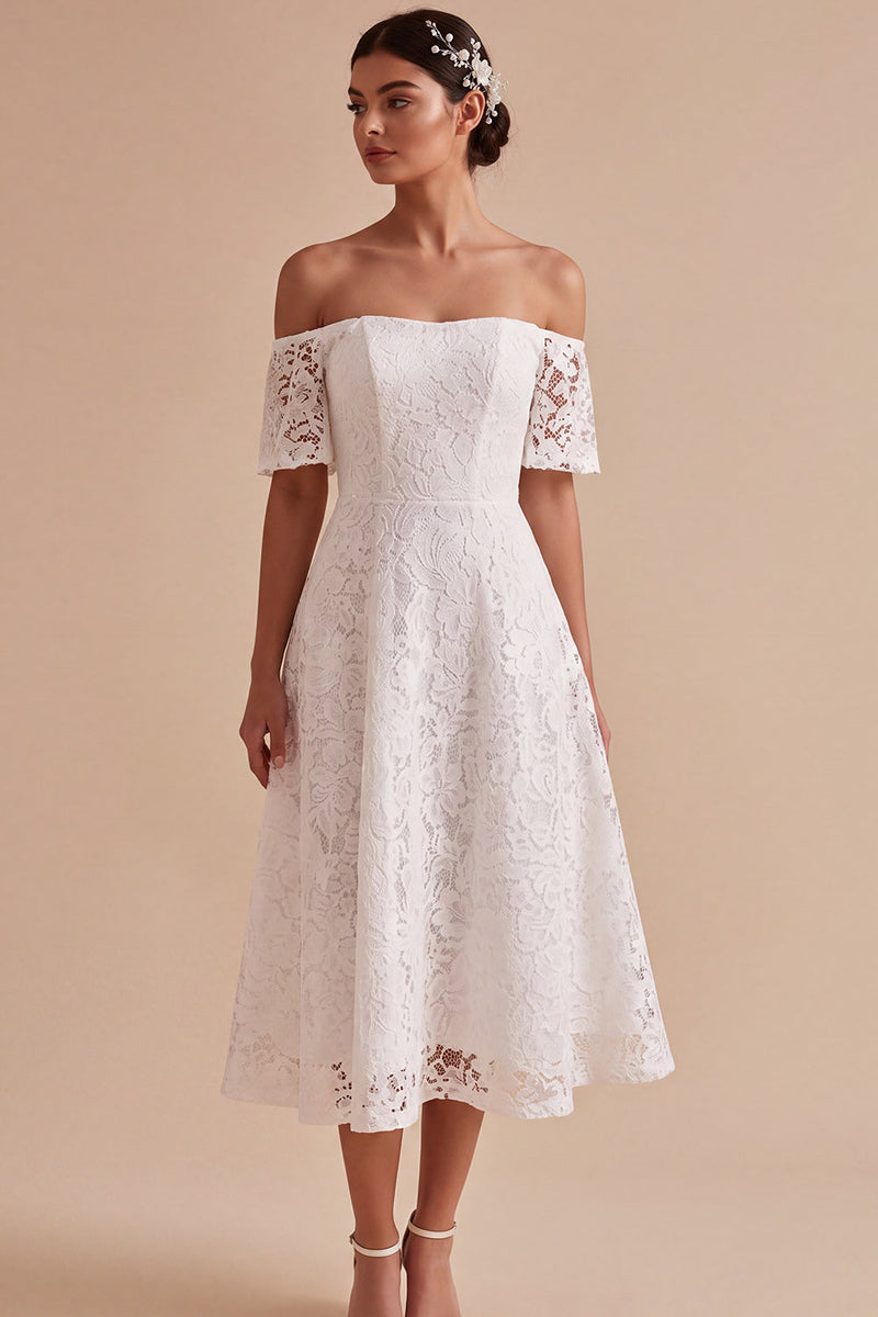Load image into Gallery viewer, White A Line Off the Shoulder Lace Midi Boho Wedding Dress
