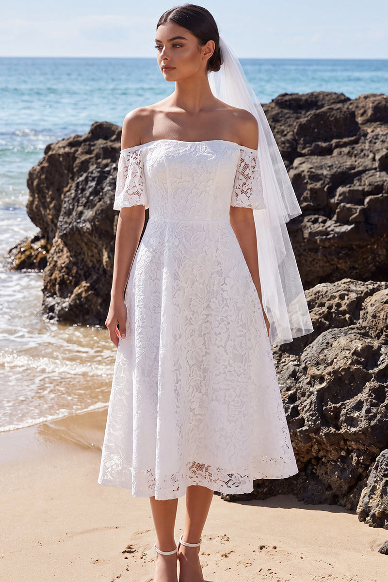 Load image into Gallery viewer, White A Line Off the Shoulder Lace Midi Boho Wedding Dress