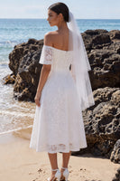 Load image into Gallery viewer, White A Line Off the Shoulder Lace Midi Boho Wedding Dress