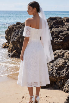 White A Line Off the Shoulder Lace Midi Boho Wedding Dress