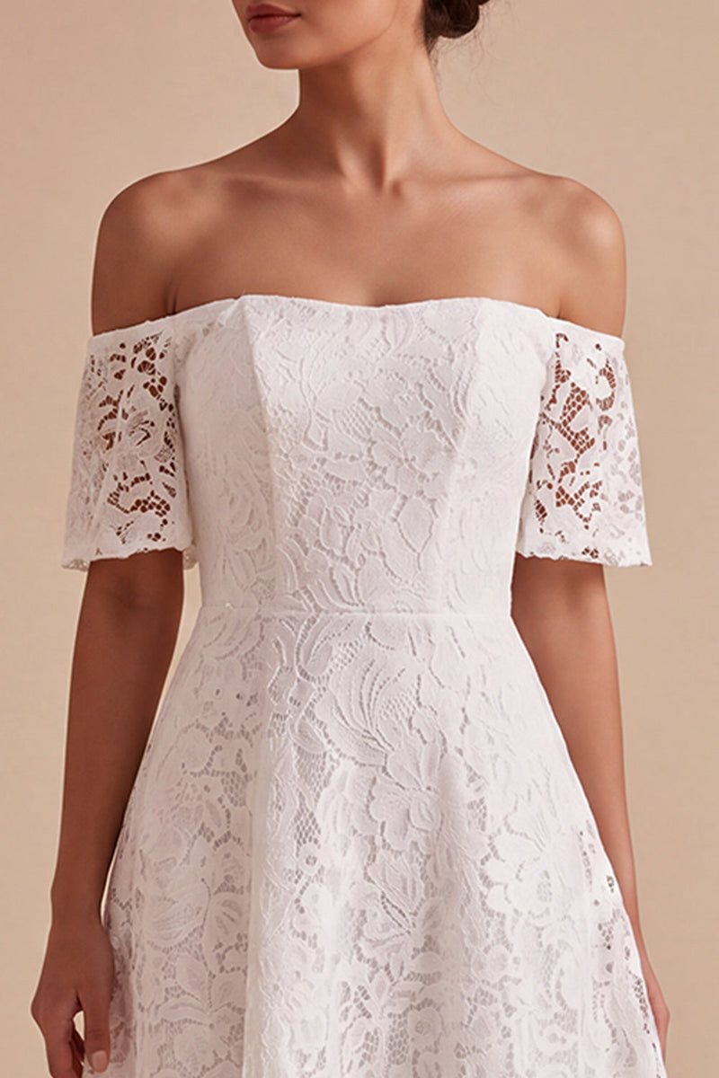 Load image into Gallery viewer, White A Line Off the Shoulder Lace Midi Boho Wedding Dress