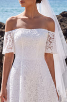 Load image into Gallery viewer, White A Line Off the Shoulder Lace Midi Boho Wedding Dress