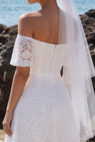 Load image into Gallery viewer, White A Line Off the Shoulder Lace Midi Boho Wedding Dress