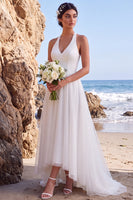 Load image into Gallery viewer, White A Line Halter Backless High-Low Wedding Dress