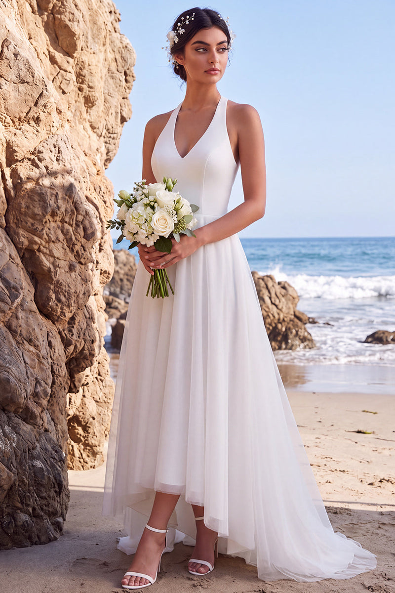 Load image into Gallery viewer, White A Line Halter Backless High-Low Wedding Dress