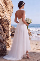 Load image into Gallery viewer, White A Line Halter Backless High-Low Wedding Dress