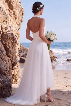 White A Line Halter Backless High-Low Wedding Dress