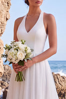 Load image into Gallery viewer, White A Line Halter Backless High-Low Wedding Dress