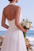 Load image into Gallery viewer, White A Line Halter Backless High-Low Wedding Dress