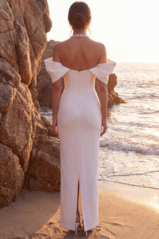 White Sparkly Beaded Cold Shoulder Sheath Maxi Wedding Dress