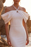 Load image into Gallery viewer, White Sparkly Beaded Cold Shoulder Sheath Maxi Wedding Dress