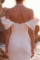 Load image into Gallery viewer, White Sparkly Beaded Cold Shoulder Sheath Maxi Wedding Dress