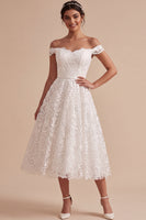 Load image into Gallery viewer, A-Line White Floral Off the Shoulder Lace Midi Boho Wedding Dress