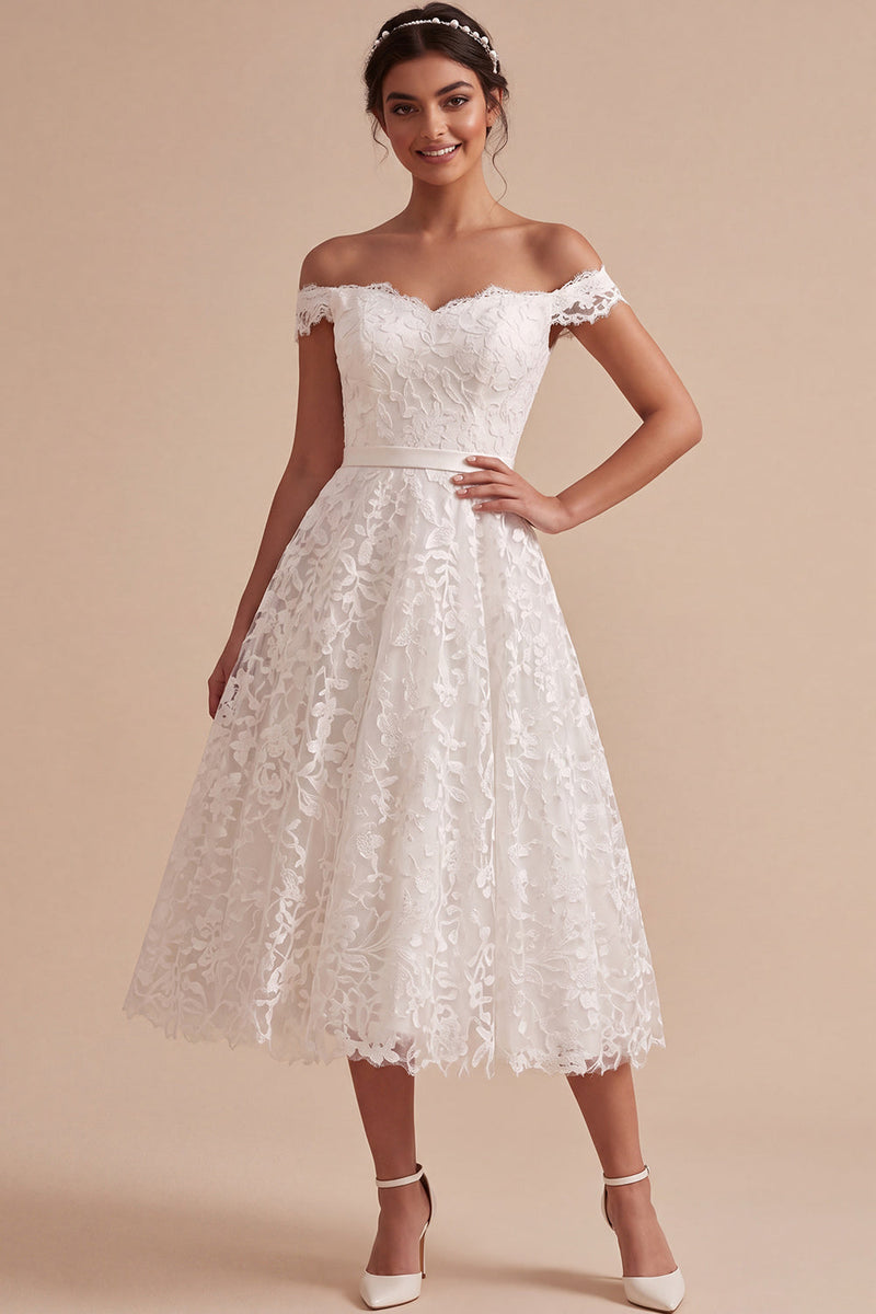 Load image into Gallery viewer, A-Line White Floral Off the Shoulder Lace Midi Boho Wedding Dress
