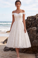 Load image into Gallery viewer, A-Line White Floral Off the Shoulder Lace Midi Boho Wedding Dress