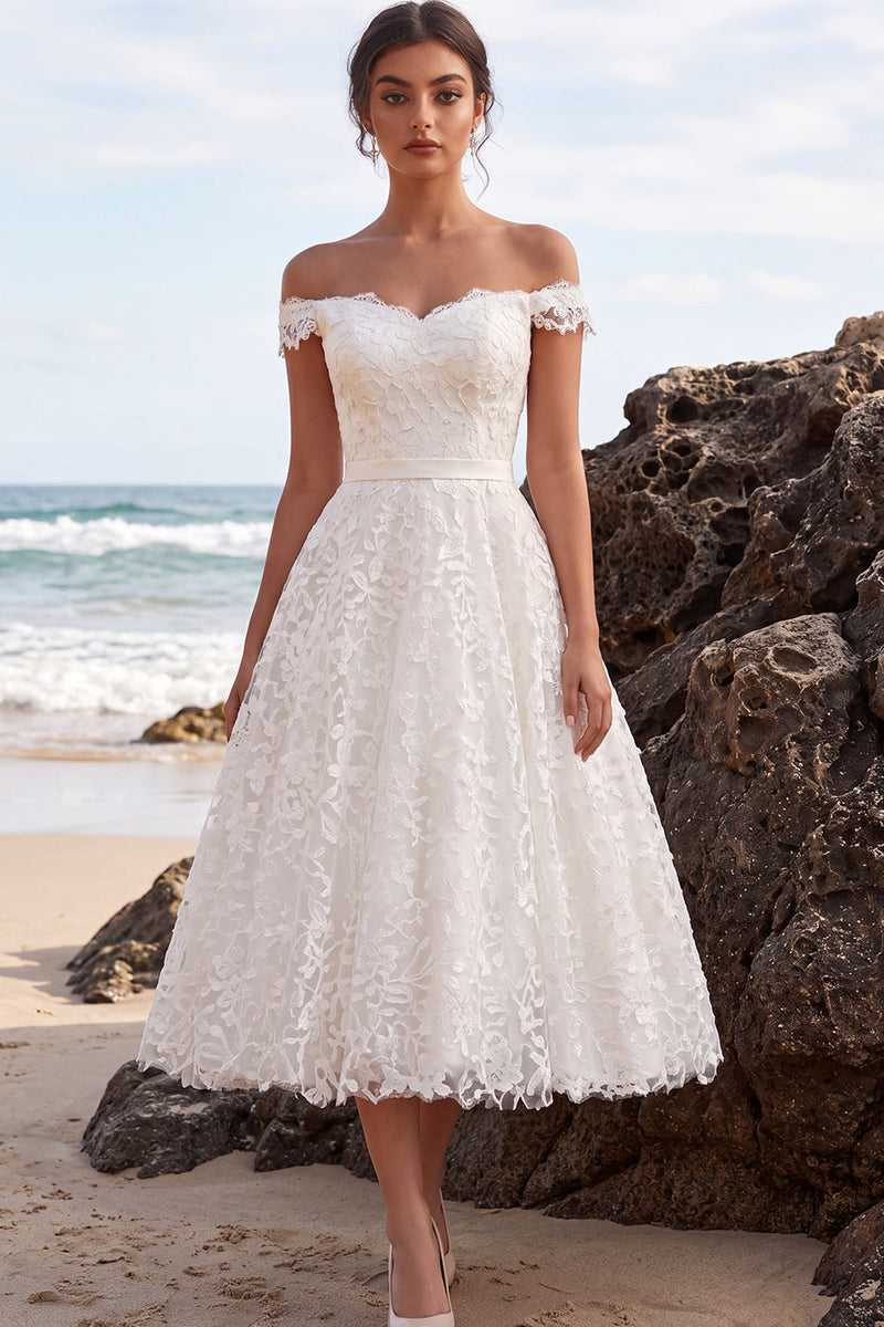 Load image into Gallery viewer, A-Line White Floral Off the Shoulder Lace Midi Boho Wedding Dress