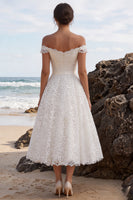 Load image into Gallery viewer, A-Line White Floral Off the Shoulder Lace Midi Boho Wedding Dress