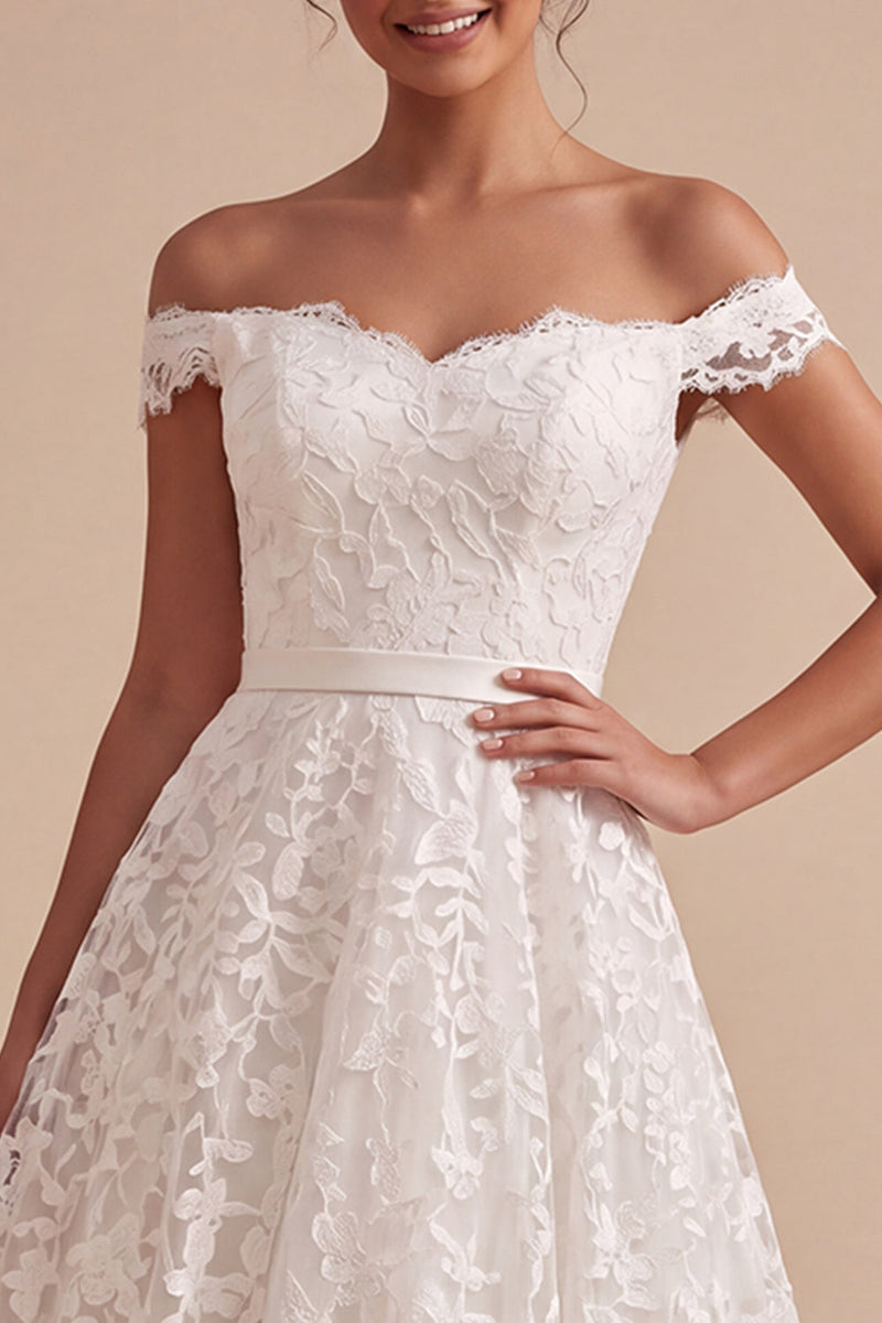 Load image into Gallery viewer, A-Line White Floral Off the Shoulder Lace Midi Boho Wedding Dress