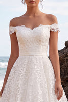 Load image into Gallery viewer, A-Line White Floral Off the Shoulder Lace Midi Boho Wedding Dress