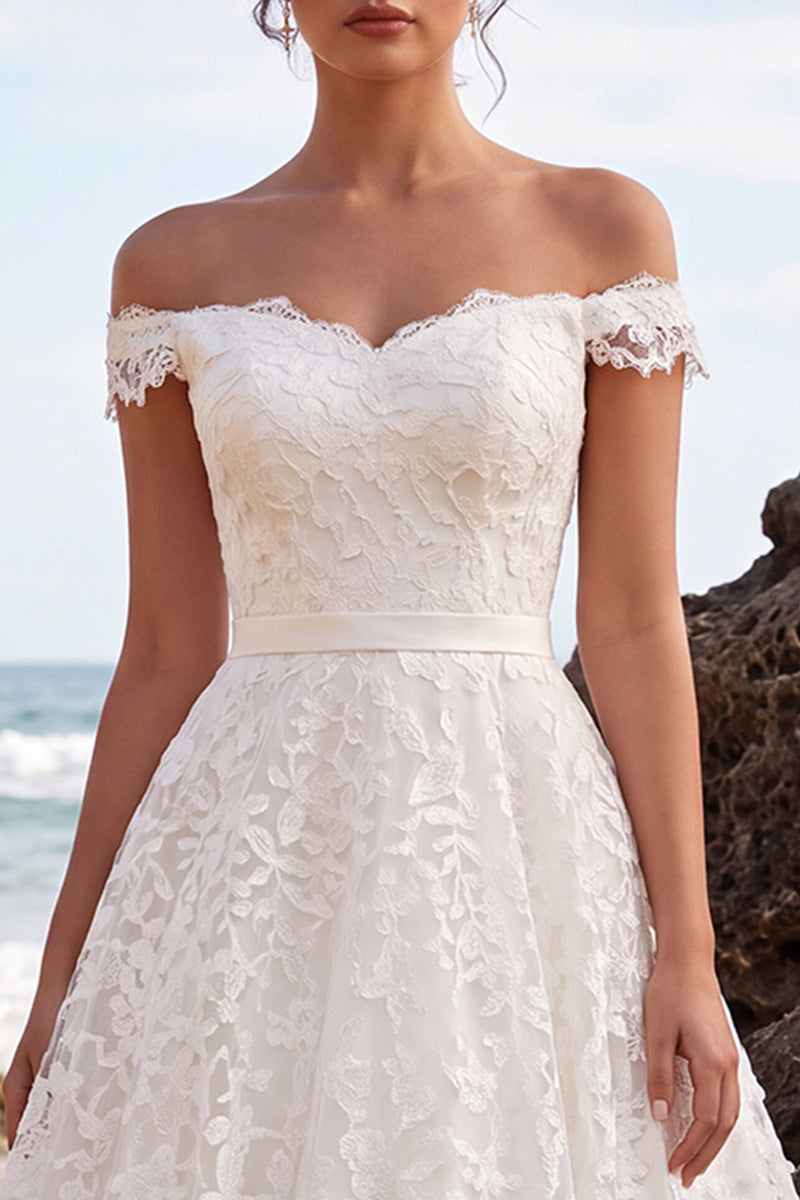 Load image into Gallery viewer, A-Line White Floral Off the Shoulder Lace Midi Boho Wedding Dress