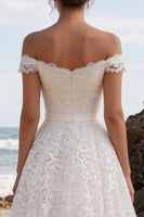 Load image into Gallery viewer, A-Line White Floral Off the Shoulder Lace Midi Boho Wedding Dress