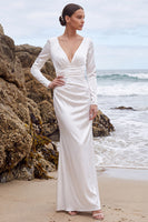 Load image into Gallery viewer, White Ruched V-Neck Mermaid Satin Long Wedding Dress with Sleeves
