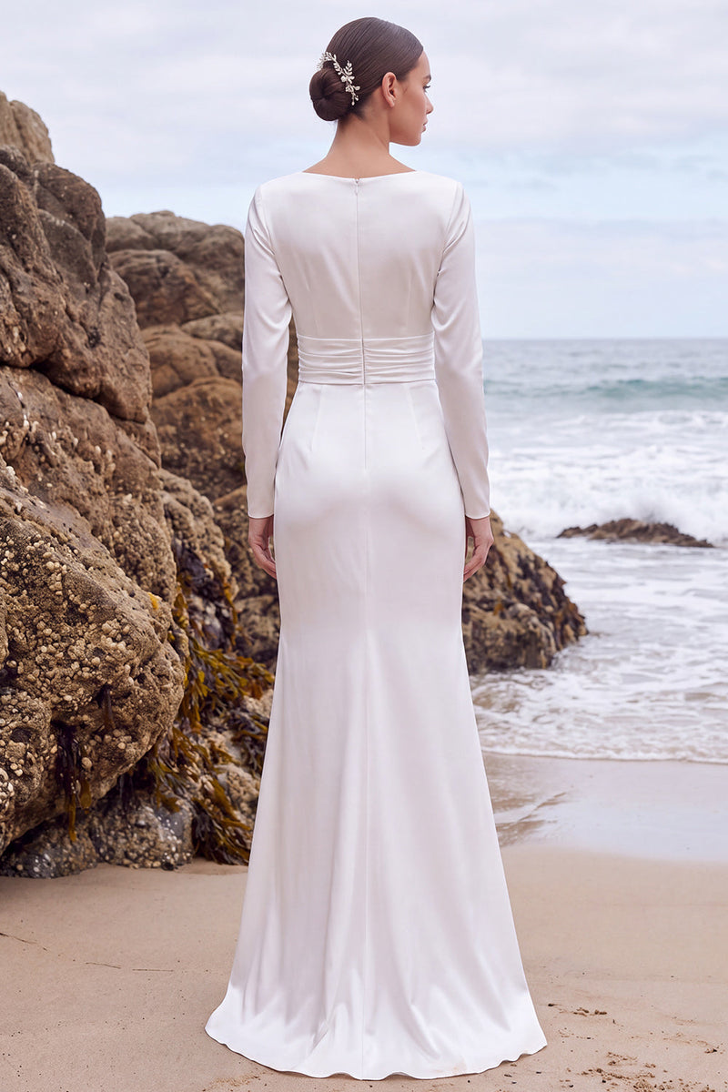 Load image into Gallery viewer, White Ruched V-Neck Mermaid Satin Long Wedding Dress with Sleeves