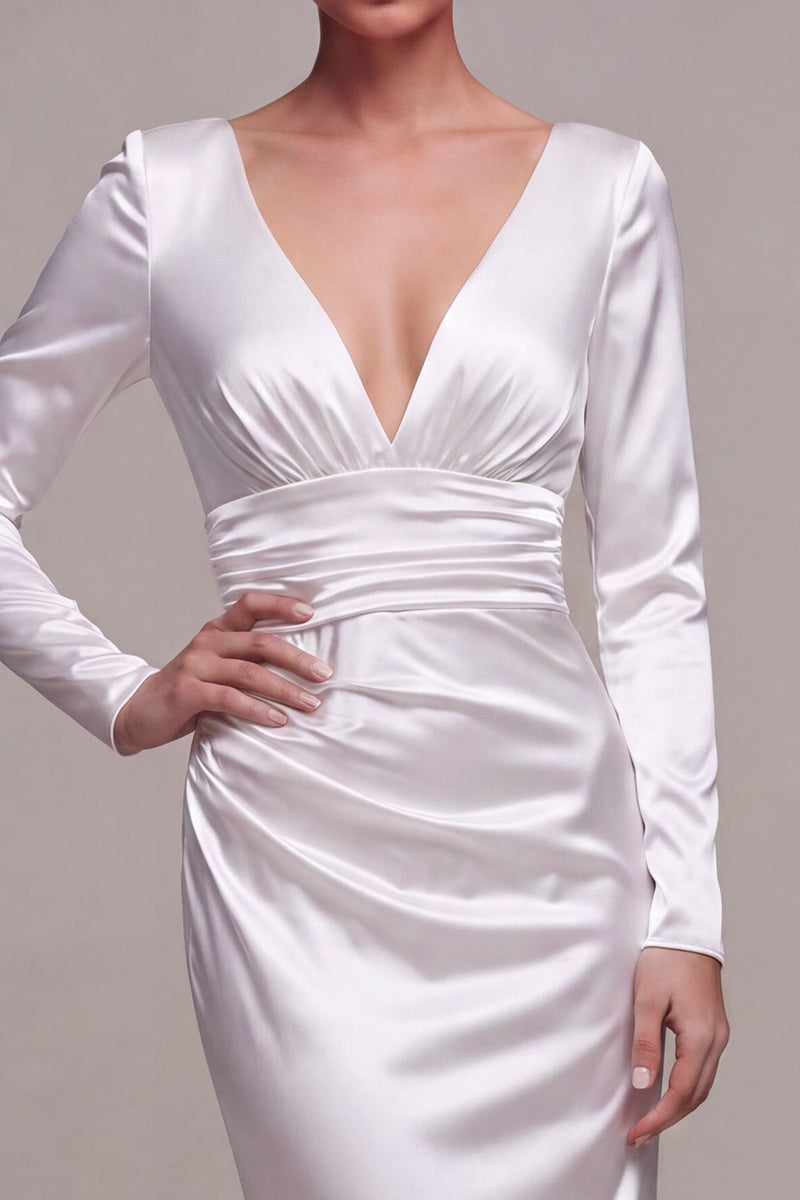 Load image into Gallery viewer, White Ruched V-Neck Mermaid Satin Long Wedding Dress with Sleeves