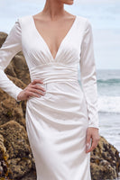 Load image into Gallery viewer, White Ruched V-Neck Mermaid Satin Long Wedding Dress with Sleeves