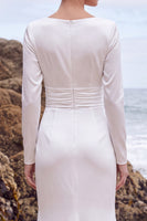 Load image into Gallery viewer, White Ruched V-Neck Mermaid Satin Long Wedding Dress with Sleeves