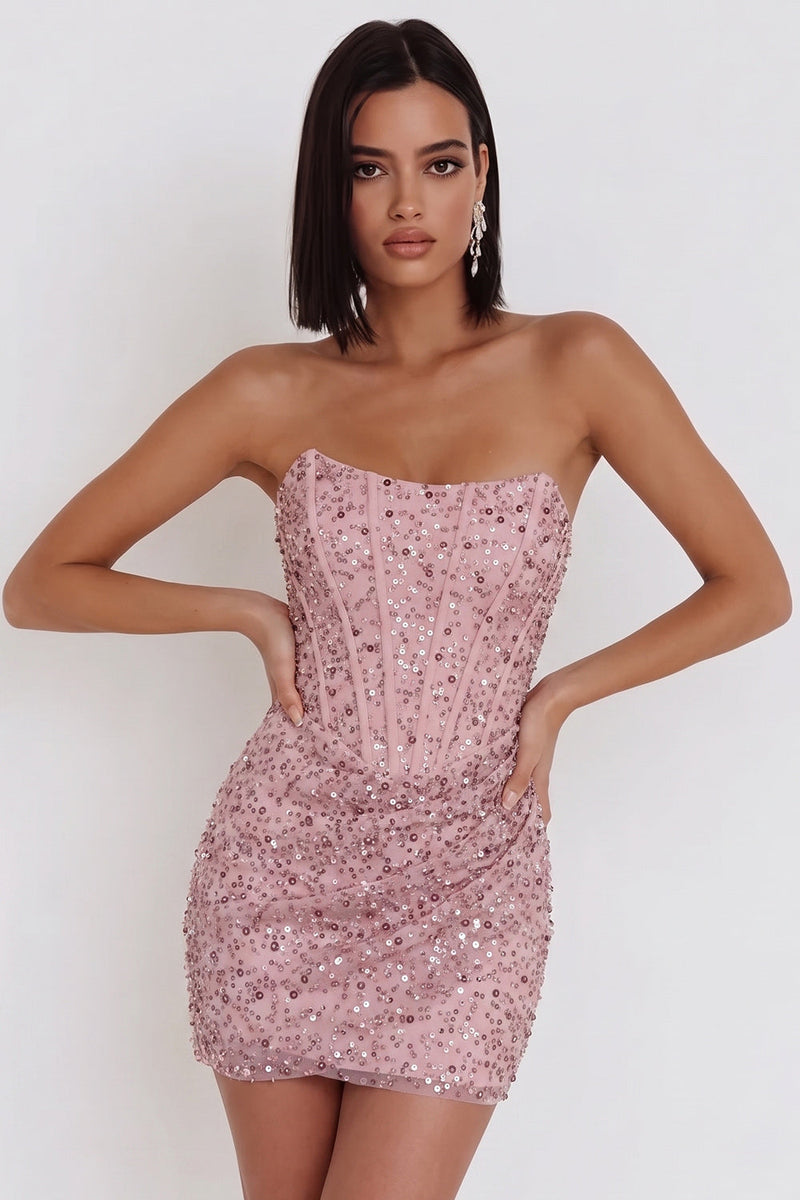 Load image into Gallery viewer, Sparkly Pink Ruched Sequin Corset Bodycon Strapless Short Cocktail Dress