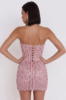 Load image into Gallery viewer, Sparkly Pink Ruched Sequin Corset Bodycon Strapless Short Cocktail Dress