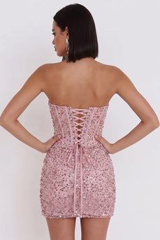 Sparkly Pink Ruched Sequin Corset Bodycon Strapless Short Cocktail Dress