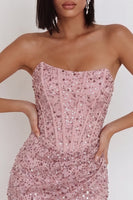 Load image into Gallery viewer, Sparkly Pink Ruched Sequin Corset Bodycon Strapless Short Cocktail Dress