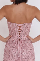 Load image into Gallery viewer, Sparkly Pink Ruched Sequin Corset Bodycon Strapless Short Cocktail Dress