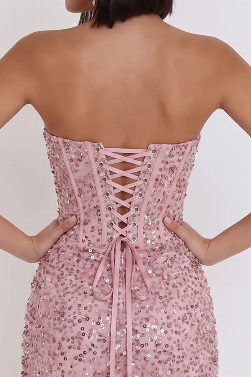 Load image into Gallery viewer, Sparkly Pink Ruched Sequin Corset Bodycon Strapless Short Cocktail Dress