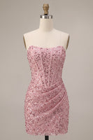 Load image into Gallery viewer, Sparkly Pink Ruched Sequin Corset Bodycon Strapless Short Cocktail Dress