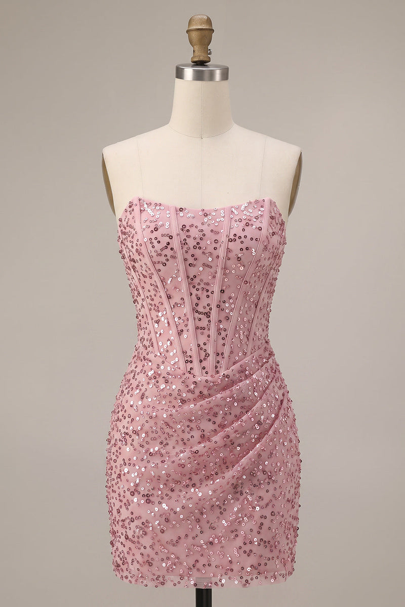 Load image into Gallery viewer, Sparkly Pink Ruched Sequin Corset Bodycon Strapless Short Cocktail Dress